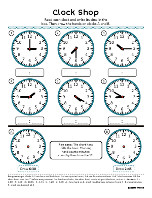 First page of Clock Shop, a matching game